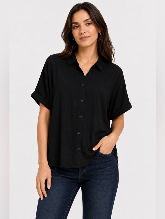bobeau Tops - Bobeau Black Oversized Button-Up Blouse | Luxe Minimalist Rayon Top - Size: M
